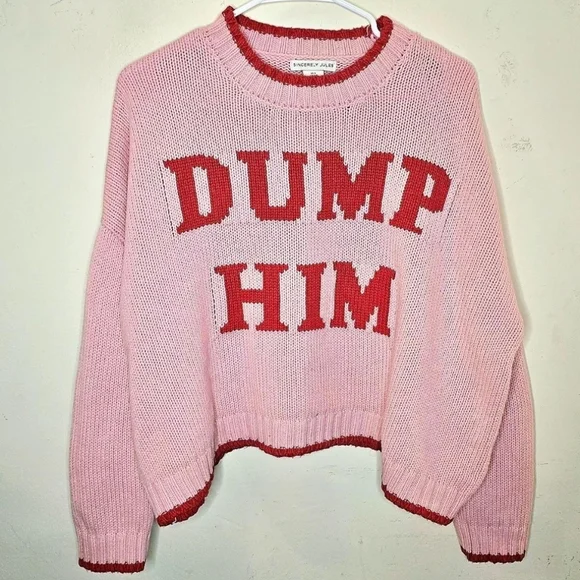 Sincerely Jules Dump Him Sweater L Pink Red Knit Cropped Preppy Girly - Picture 2 of 12